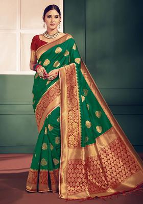 Green Woven Banarasi Art Silk Saree Set