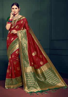 Maroon Woven Banarasi Art Silk Saree Set