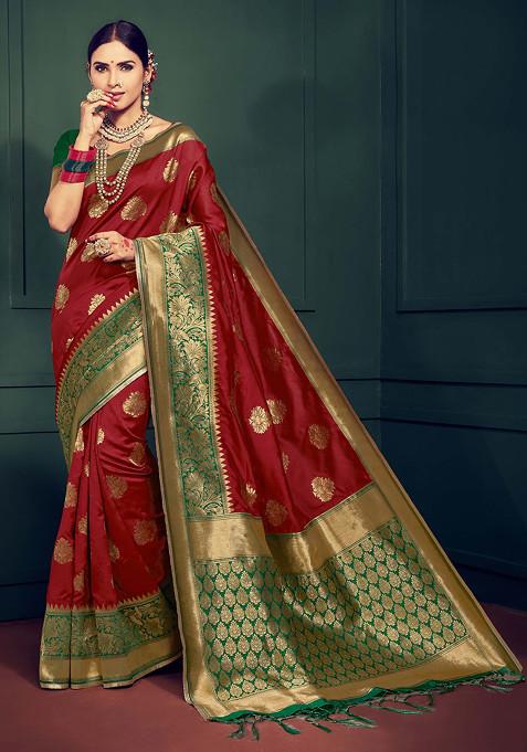 Maroon Woven Banarasi Art Silk Saree Set