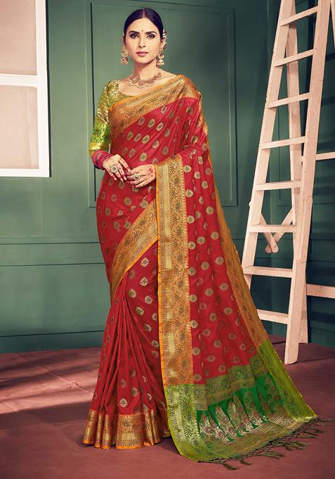 Maroon Woven Banarasi Kanjivaram Art Silk Saree Set