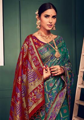 Teal Woven Banarasi Kanjivaram Art Silk Saree Set