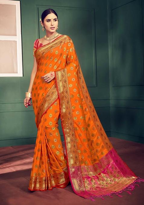 Orange Woven Banarasi Kanjivaram Art Silk Saree Set