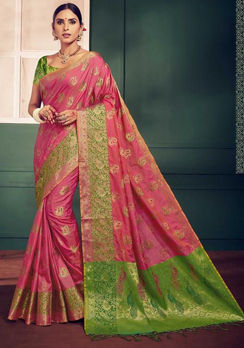 Peach Woven Banarasi Kanjivaram Art Silk Saree Set