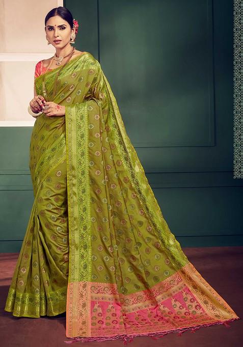 Olive Green Woven Banarasi Kanjivaram Art Silk Saree Set