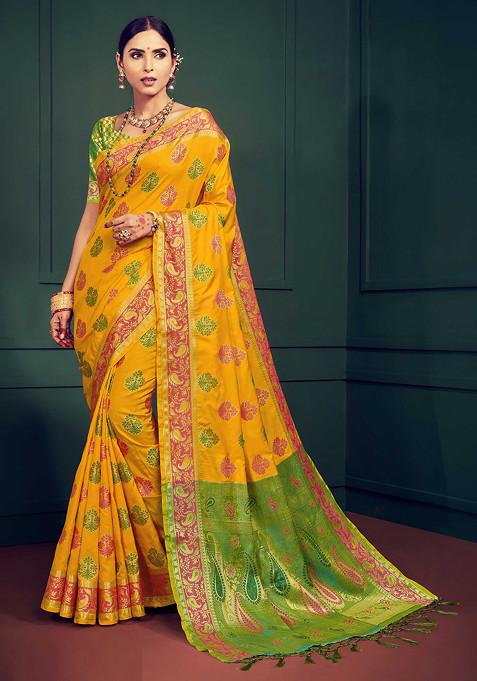 Yellow Woven Banarasi Kanjivaram Art Silk Saree Set