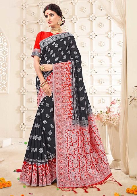 Black Woven Banarasi Art Silk Saree Set