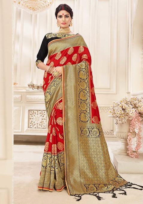 Red Woven Banarasi Art Silk Saree Set