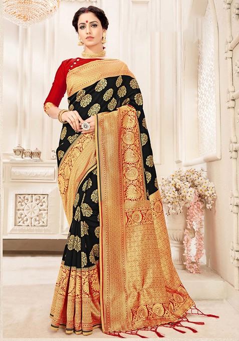 Black Woven Banarasi Art Silk Saree Set