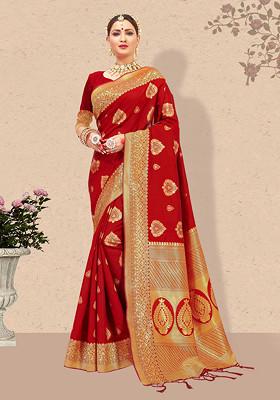Red Woven Banarasi Art Silk Saree Set