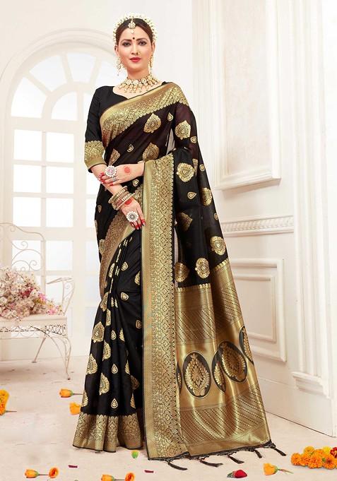 Black Woven Banarasi Art Silk Saree Set