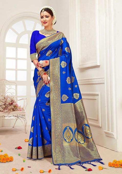 Blue Woven Banarasi Art Silk Saree Set