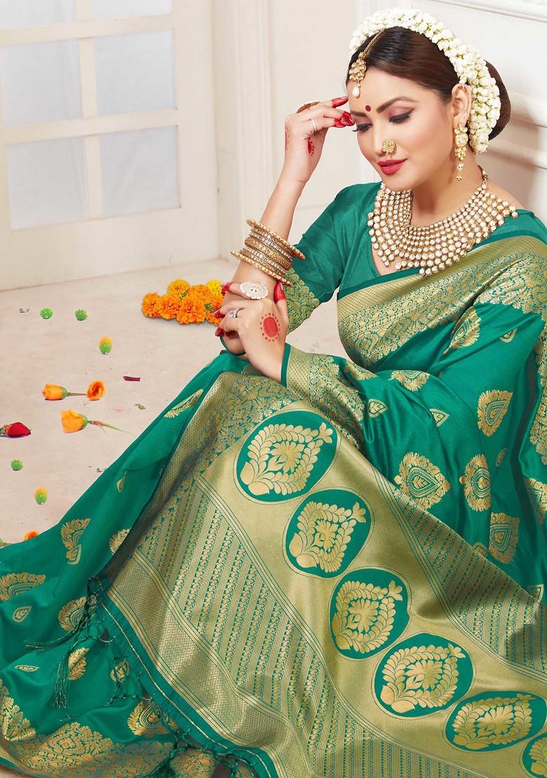 Teal Woven Banarasi Art Silk Saree Set