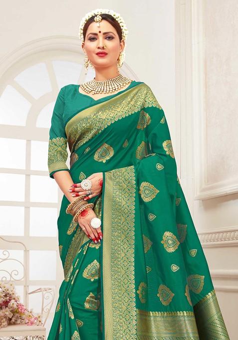 Teal Woven Banarasi Art Silk Saree Set