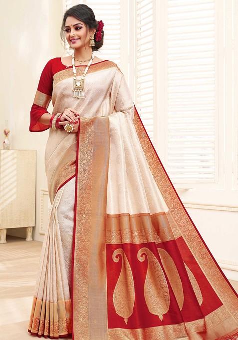 Cream Woven Banarasi Art Silk Saree Set