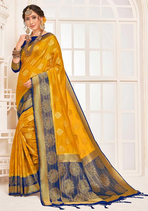 Mustard Yellow Woven Banarasi Art Silk Saree Set