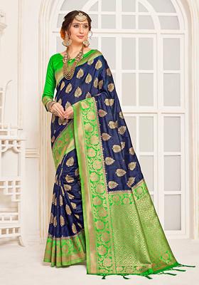 Navy Blue Woven Banarasi Art Silk Saree Set