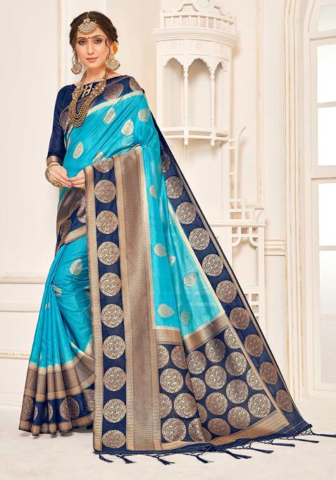 Turquoise Blue Woven Banarasi Art Silk Saree Set