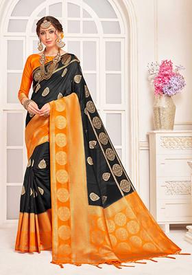 Black Woven Banarasi Art Silk Saree Set