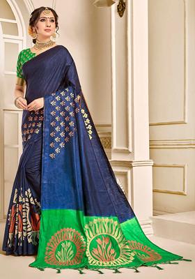 Navy Blue Woven Banarasi Art Silk Saree Set