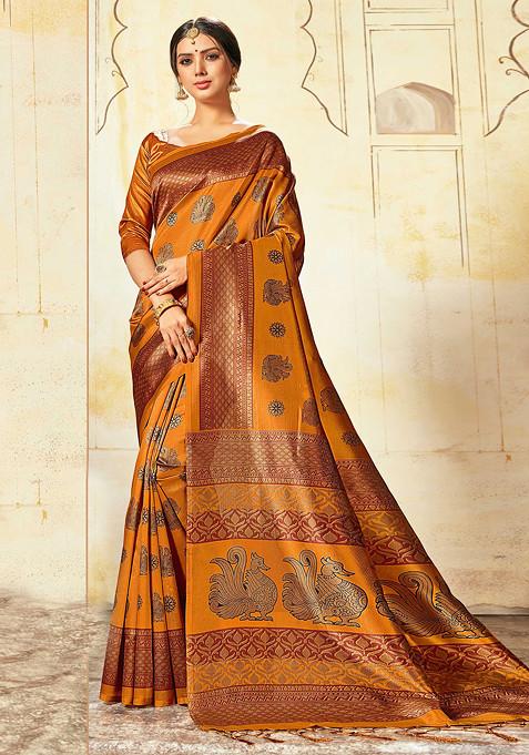 Mustard Printed Mysore Art Silk Saree Set