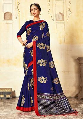 Navy Blue Printed Mysore Art Silk Saree Set