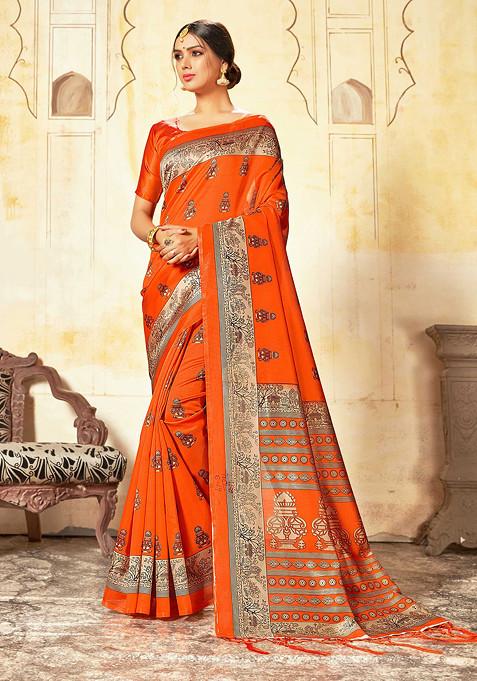 Orange Printed Mysore Art Silk Saree Set