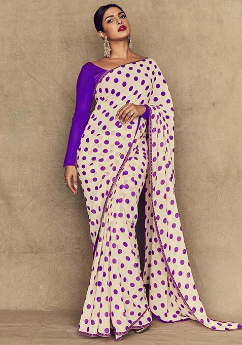 Beige Printed Georgette Saree Set