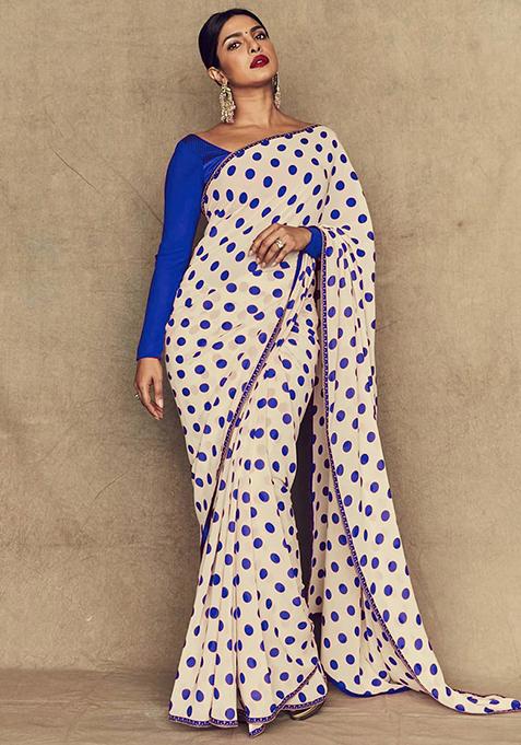 Beige Printed Georgette Saree Set