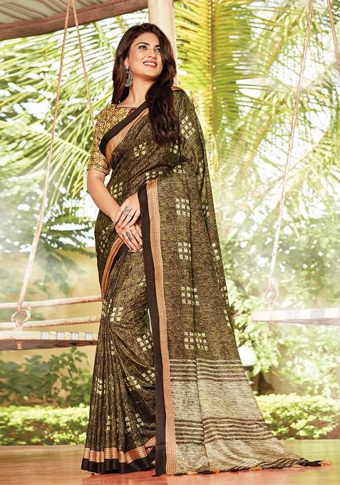 Brown Printed Cotton Art Silk Saree Set