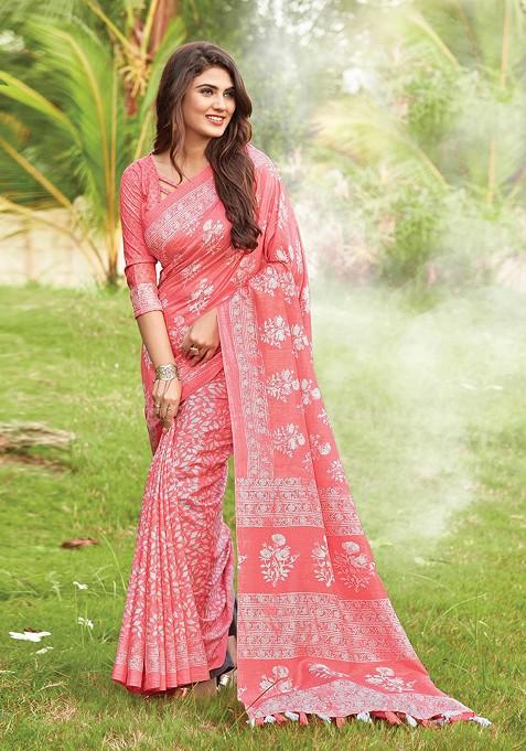 Peach Printed Cotton Art Silk Saree Set