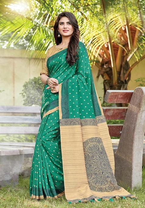 Teal Printed Cotton Art Silk Saree Set