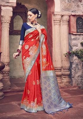 Red Woven Banarasi Art Silk Saree Set