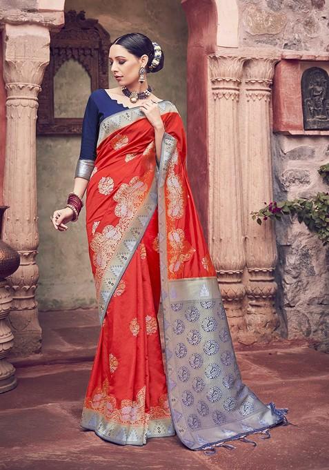 Red Woven Banarasi Art Silk Saree Set