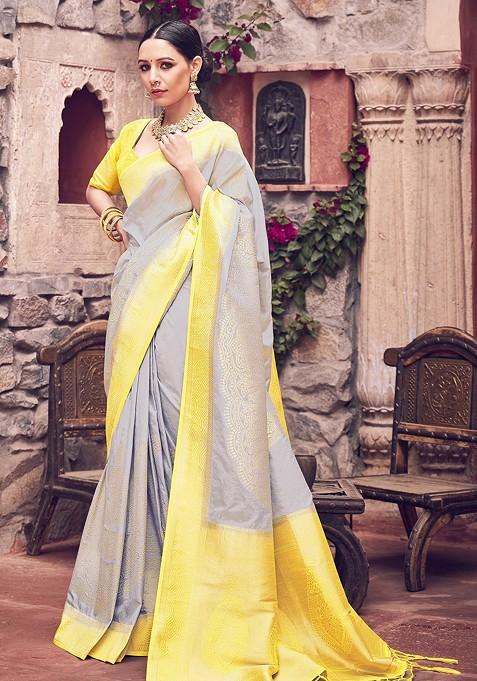 Grey Woven Banarasi Art Silk Saree Set