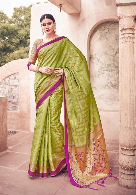 Olive Green Woven Banarasi Art Silk Saree Set