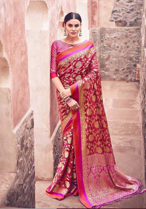 Red Woven Banarasi Art Silk Saree Set