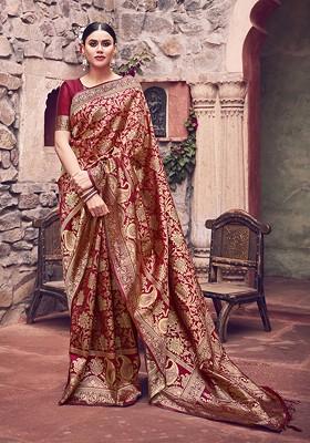 Maroon Woven Banarasi Art Silk Saree Set