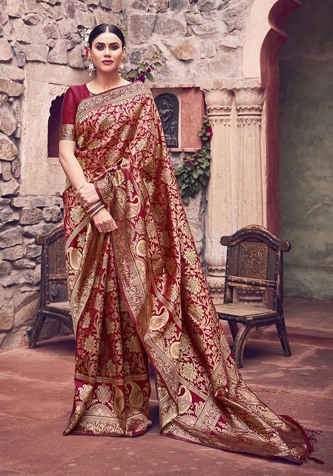 Maroon Woven Banarasi Art Silk Saree Set