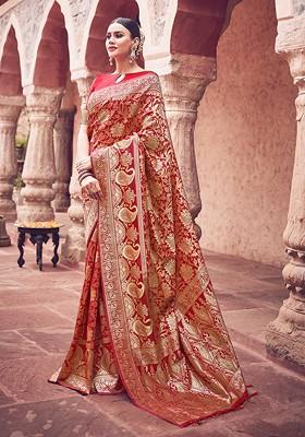 Red Woven Banarasi Art Silk Saree Set