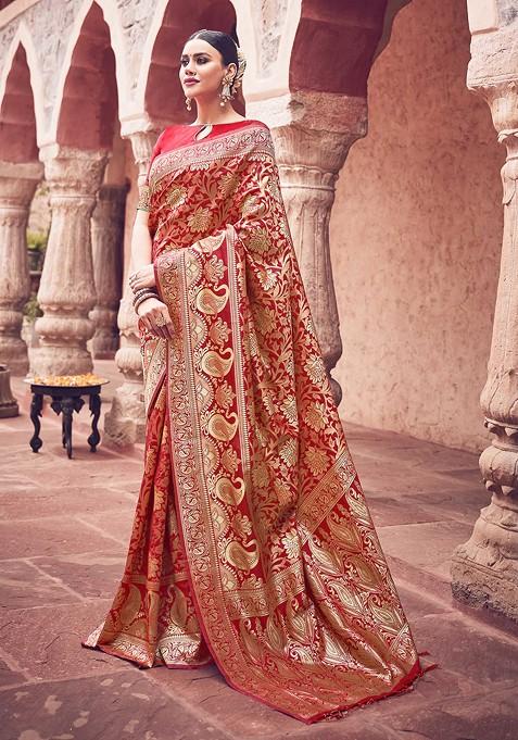 Red Woven Banarasi Art Silk Saree Set