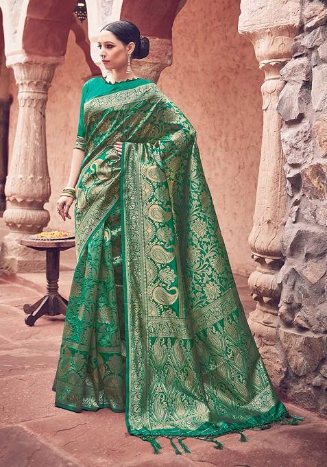 Green Woven Banarasi Art Silk Saree Set