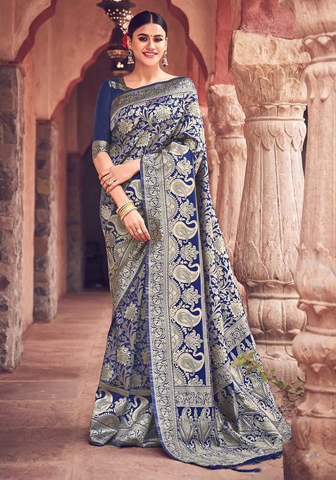 Deep Blue Woven Banarasi Art Silk Saree Set