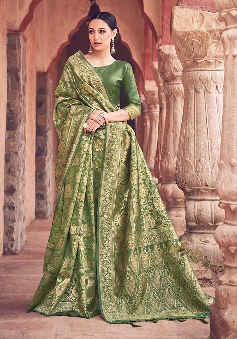 Olive Green Woven Banarasi Art Silk Saree Set