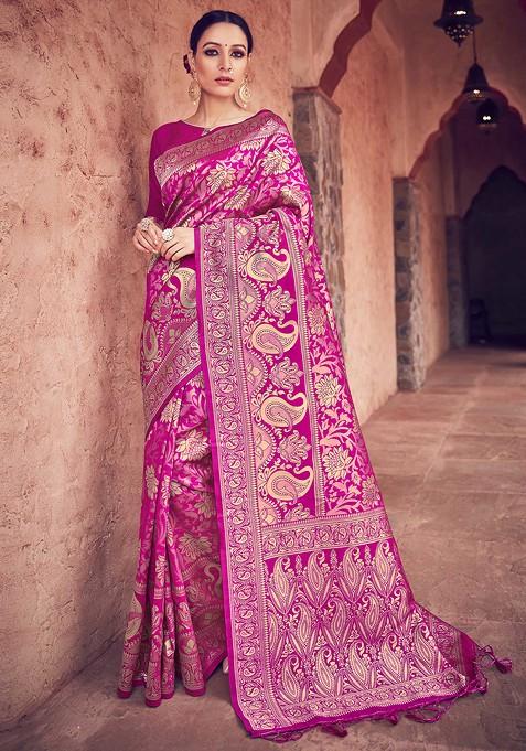 Pink Woven Banarasi Art Silk Saree Set