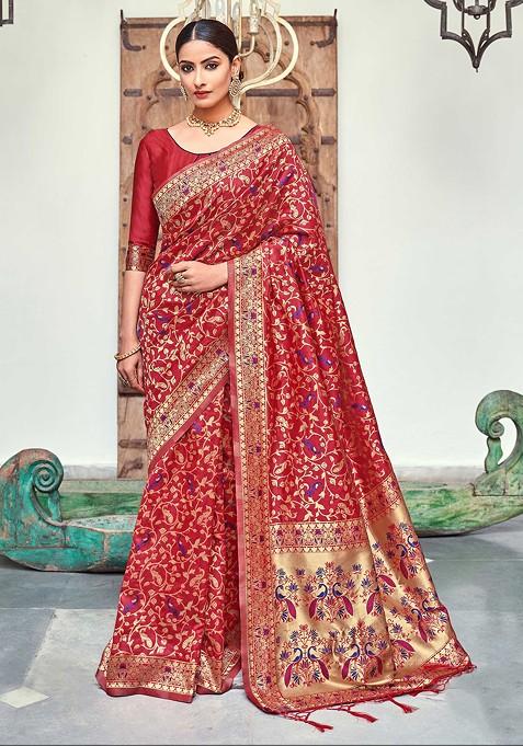 Red Woven Banarasi Art Silk Saree Set