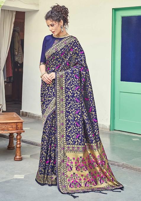 Navy Blue Woven Banarasi Art Silk Saree Set