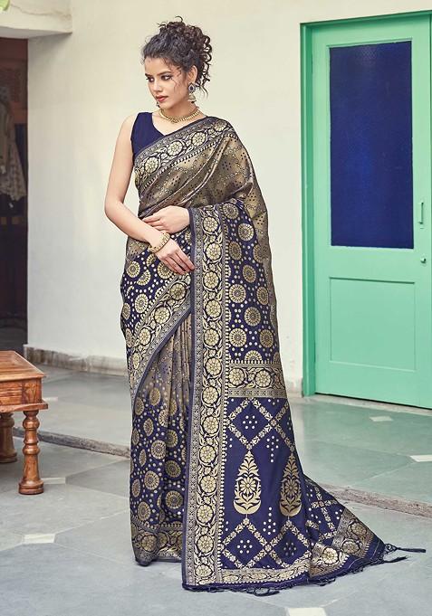 Navy Blue Woven Banarasi Art Silk Saree Set