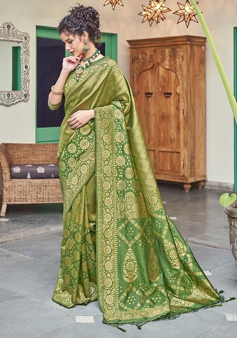 Olive Green Woven Banarasi Art Silk Saree Set