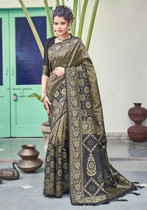 Black Woven Banarasi Art Silk Saree Set