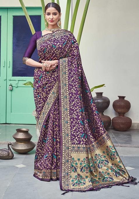 Purple Woven Banarasi Art Silk Saree Set